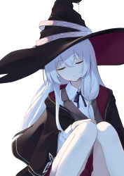  1girl absurdres black_cloak black_hat brown_vest cloak closed_eyes collared_shirt elaina_(majo_no_tabitabi) facing_viewer feet_out_of_frame grey_hair hair_between_eyes hat head_tilt highres knees_together_feet_apart knees_up long_hair long_sleeves majo_no_tabitabi metal_hair_tubes onimai_aya parted_lips red_cloak red_hat shirt simple_background sitting sleeping solo two-sided_cloak two-sided_fabric two-sided_headwear vest white_background white_shirt witch witch_hat 