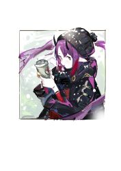  1girl absurdres arknights beanie black_coat black_hat border breath bright_pupils coat cup disposable_coffee_cup disposable_cup hat hibiscus_(arknights) hibiscus_(night_watcher)_(arknights) highres holding holding_cup horns long_sleeves looking_at_viewer pipidan pointy_ears pom_pom_(clothes) pom_pom_beanie purple_hair solo upper_body violet_eyes white_border white_pupils winter_clothes 