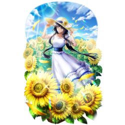  1girl artist_request black_hair blue_dress blue_ribbon blue_sky blunt_bangs blunt_ends breasts clouds cloudy_sky collarbone day dress eyelashes field floating_hair flower flower_field frilled_dress frills frown full_body game_cg glass_(tate_no_yuusha_no_nariagari) hand_on_headwear hands_up hat hat_flower hat_ribbon long_dress long_hair looking_at_viewer official_art outdoors red_eyes ribbon see-through_clothes see-through_sleeves short_sleeves simple_background sky small_breasts solo sparkle standing straight_hair sun_hat sundress sunflower sunflower_field sunlight tate_no_yuusha_no_nariagari tate_no_yuusha_no_nariagari_rerise transparent_background two-tone_dress v-shaped_eyebrows white_dress 