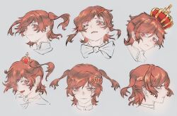  1girl aijou_karen ascot bow bowtie brown_hair closed_mouth commentary cropped_shoulders crown crown_hair_ornament floating_hair grey_background hair_between_eyes hair_ornament hairclip highres looking_ahead looking_at_viewer lower_teeth_only mini_crown multiple_views official_alternate_costume official_alternate_hairstyle one_eye_closed open_mouth parted_lips partially_colored portrait profile qisu_zhang red_eyes scar scar_across_eye scar_on_face shirt short_hair shoujo_kageki_revue_starlight simple_background smile teeth tilted_headwear two_side_up uneven_eyes upper_teeth_only v-shaped_eyebrows 