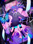  abnormality_dancin&#039;_girl_(vocaloid) ahoge black_necktie black_socks blue_butterfly bug butterfly collared_shirt crazy_eyes crossed_bangs despair flower_(vocaloid) hair_between_eyes hand_in_own_hair highres himanemuitoma kneehighs long_sleeves messy_hair necktie open_mouth purple_hair purple_skirt purple_sweater school_uniform shirt short_hair skirt sleeves_past_wrists socks sweat sweater violet_eyes vocaloid white_shirt 