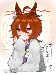  1girl :3 absurdres agnes_tachyon_(umamusume) ahoge animal_ears blush bow bowtie brown_hair chemical_structure closed_mouth coat ear_ornament earrings hair_between_eyes highres horse_ears horse_girl jewelry lab_coat medium_hair open_clothes open_coat purple_shirt red_eyes shirt single_earring sleeves_past_wrists smile solo speech_bubble translation_request tukimaru00 twitter_username umamusume white_bow white_bowtie wolf_cut 