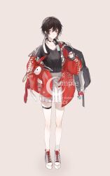  1girl asymmetrical_legwear ayn_alwyn backpack bag bag_charm bandaid bandaid_on_neck black_bag black_choker black_gloves black_hair black_shirt charm_(object) chinese_commentary choker closed_mouth collarbone crew_neck earrings expressionless fingerless_gloves full_body genderswap genderswap_(mtf) gloves grey_shoes grey_socks hair_between_eyes hand_up headphones headphones_around_neck high_tops highres holding holding_bag holding_stuffed_toy jacket jewelry long_sleeves looking_at_viewer lovebrush_chronicles miniskirt multicolored_shoes open_clothes open_jacket platform_shoes pleated_skirt red_eyes red_jacket red_shoes ribbon sample_watermark shirt shirt_tucked_in shoes short_hair simple_background single_earring single_off_shoulder skirt sneakers socks solo standing stuffed_animal stuffed_rabbit stuffed_toy thigh_strap two-tone_shoes uneven_legwear watermark white_background white_skirt white_socks wrist_ribbon zongsi600 