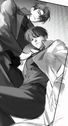  2boys black_coat black_hair black_shirt coat feet_out_of_frame from_below frown greyscale hand_on_another&#039;s_shoulder highres hinizana kim_dokja light_smile looking_at_viewer male_focus monochrome multiple_boys narrowed_eyes omniscient_reader&#039;s_viewpoint open_clothes open_coat shirt short_hair white_coat yoo_joonghyuk 