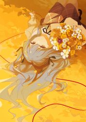  1girl absurdres bang_dream! bang_dream!_it&#039;s_mygo!!!!! black_ribbon black_shoes blue_hair closed_mouth commentary_request grey_skirt hair_ribbon highres long_sleeves lying meeeeei on_back ribbon shirt shoes skirt solo string string_of_fate togawa_sakiko yellow_eyes 