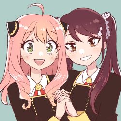  2girls :d aged_up ahoge anya_(spy_x_family) becky_blackbell black_dress brown_eyes brown_hair collared_shirt commentary double-parted_bangs dress eden_academy_school_uniform emirichu english_commentary fingernails green_background green_eyes grin hair_between_eyes hair_ornament hair_over_shoulder hairpods highres holding_hands interlocked_fingers long_hair long_sleeves looking_at_viewer multiple_girls neck_ribbon pink_hair raised_eyebrows red_ribbon ribbon school_uniform shirt sidelocks simple_background smile spy_x_family tareme teeth tongue tsurime twintails upper_body upper_teeth_only white_shirt wide-eyed 