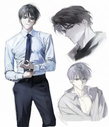  2boys adjusting_sleeves black_eyes black_hair black_necktie collared_shirt commentary_request cowboy_shot head_tilt highres hinizana kim_dokja korean_commentary looking_at_viewer male_focus multiple_boys multiple_views narrowed_eyes necktie omniscient_reader&#039;s_viewpoint partially_open_shirt shirt shirt_tucked_in short_hair smile white_shirt yoo_joonghyuk 