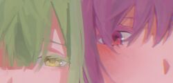  2girls bang_dream! bang_dream!_it&#039;s_mygo!!!!! blush cheek-to-cheek close-up geosmichi77 green_eyes green_hair hair_between_eyes heads_together highres multiple_girls purple_hair violet_eyes wakaba_mutsumi yuutenji_nyamu 
