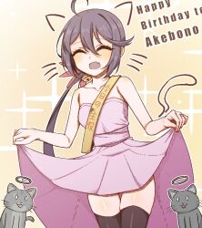  1girl ahoge akebono_(kancolle) bell black_thighhighs cat character_name clothes_lift dress dress_lift fang flower grey_hair hair_bell hair_flower hair_ornament halo happy_birthday jingle_bell kantai_collection pink_dress sash side_ponytail skin_fang smile strapless strapless_dress thigh-highs thigh_gap yuki_to_hana 