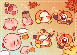  &gt;_&lt; :d :t ^_^ autumn_leaves blush_stickers closed_eyes closed_mouth commentary flying_sweatdrops food gradient_background highres kirby kirby_(series) leaf no_humans notice_lines one-eyed open_mouth roasted_sweet_potato smile sweet_potato tokkakyou waddle_dee waddle_doo |_| 