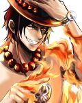  1boy absurdres black_hair fire freckles hat highres holding holding_clothes holding_hat jewelry male_focus muu_started_drawing necklace one_piece pointing portgas_d._ace red_eyes simple_background smile solo topless_male white_background 