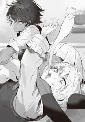  :3 ^_^ asphyxiation between_thighs blurry breasts closed_eyes closed_mouth collared_shirt constricted_pupils enju_yuyuko ghost giving_up_the_ghost hair_between_eyes halo head_between_knees head_between_thighs highres indoors itan_na_karera_no_kimitsu_kyoshitsu large_breasts lips long_sleeves lying miniskirt monochrome multiple_girls nauribon non-web_source novel_illustration official_art on_back on_side open_mouth outstretched_arm pleated_skirt school_uniform scissorhold shinshi_ibuki shirt short_hair skirt sleeves_rolled_up smile socks spread_fingers squeezing sweat tareme thighs trembling tsurime turn_pale v-shaped_eyebrows vest wavy_hair 