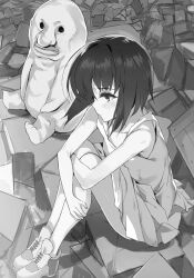  1girl 1other amy_(nanoka_no_kuigami) blush bob_cut breasts closed_mouth collarbone dress from_above full_body greyscale highres hugging_own_legs looking_down monochrome nanoka_no_kuigami nauribon non-web_source novel_illustration official_art outdoors profile rubble ruins shoes short_hair sidelocks sitting sleeveless sleeveless_dress small_breasts wince 