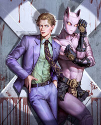  2boys belt black_belt black_gloves blood blue_eyes brown_hair closed_mouth diamond_wa_kudakenai gloves green_shirt hand_in_pocket highres jacket jojo_no_kimyou_na_bouken kdash killer_queen kira_yoshikage looking_at_viewer male_focus multiple_boys necktie pants parted_lips purple_jacket purple_necktie purple_pants shirt short_hair toned toned_male topless_male 