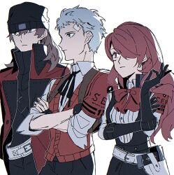  1girl 2boys aragaki_shinjirou armband bandaid bandaid_on_face bandaid_on_forehead beanie black_gloves bow bowtie brown_hair closed_mouth coat collared_shirt crossed_arms evoker fingerless_gloves gekkoukan_high_school_uniform gloves grey_hair hair_over_one_eye hat highres kirijou_mitsuru long_hair medium_hair multiple_boys neck_ribbon paitan1007 persona persona_3 persona_3_reload red_armband red_bow red_bowtie red_hair red_sweater_vest ribbon s.e.e.s sanada_akihiko school_uniform shirt short_hair sweater_vest upper_body white_background white_shirt 