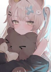  1girl animal_ears bandaid bandaid_on_head bear_ears bear_hair_ornament black_cardigan blonde_hair blue_ribbon cardigan closed_mouth commentary_request crossed_bandaids dress hair_ornament hair_ribbon hairclip highres holding holding_stuffed_toy long_hair long_sleeves looking_at_viewer milfy_(vrchat) off-shoulder_cardigan ribbon sleeveless sleeveless_dress smile solo stuffed_animal stuffed_toy teddy_bear tofu1601 twintails upper_body vrchat white_dress yellow_eyes 