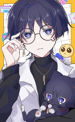  1boy absurdres adjusting_eyewear animal animalization bespectacled black-framed_eyewear black_cat black_hair black_shirt black_sleeves blunt_ends border bright_pupils casual cat chain chain_necklace closed_mouth collared_shirt contemporary crying_emoji curled_fingers earrings emoji error_message expressionless eyeliner eyeshadow feather_earrings feathers fingernails genshin_impact glasses gold_necklace grid_background hand_up highres holding holding_animal holding_cat jewelry makeup necklace official_alternate_costume person_and_animalization pom_pom_(clothes) pom_pom_earrings red_eyeliner red_eyeshadow round_eyewear scaramouche_(cat)_(genshin_impact) scaramouche_(genshin_impact) shirt string tearing_up turtleneck turtleneck_shirt undershirt upper_body violet_eyes wamin wanderer_(genshin_impact) wanderer_(wanderer_impression)_(genshin_impact) white_background white_pupils white_shirt window_(computing) yellow_border yellow_feathers 