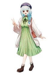  1girl :d ankle_boots bag beret black_choker blue_hair blush bobby_socks boots braid breasts brown_bag brown_boots brown_ribbon cardigan choker collared_dress commentary_request cosplay doidamon dress empire_waist flower full_body gradient_hair green_dress hair_flower hair_ornament hair_over_shoulder hairpin hand_up hat hat_ornament highres inui_toko inui_toko_(cosplay) inui_toko_(fall_casual) lize_helesta long_hair long_sleeves looking_at_viewer medium_breasts medium_dress multicolored_hair multiple_hairpins neck_ribbon nijisanji open_cardigan open_clothes open_mouth pendant_choker purple_hat ribbon shoulder_bag simple_background single_braid smile socks solo teeth upper_teeth_only v violet_eyes virtual_youtuber walking white_background white_cardigan white_hair white_socks 