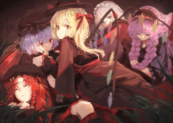  5girls alternate_costume black_dress black_gloves black_hairband black_hat blonde_hair blue_eyes bow braid closed_mouth dress fedora fingerless_gloves flandre_scarlet gloves grey_hair hair_bow hairband hand_on_another&#039;s_chin hat hat_ribbon hong_meiling izayoi_sakuya long_hair long_sleeves looking_at_viewer looking_back maid_headdress mob_cap multiple_girls nepperoni parted_bangs patchouli_knowledge purple_hair red_bow red_eyes red_ribbon remilia_scarlet ribbon side_braids touhou wings 