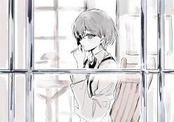  1girl bang_dream! bang_dream!_it&#039;s_mygo!!!!! brown_eyes chair commentary_request grey_hair highres holding holding_weapon long_sleeves necktie short_hair solo spot_color suspenders suudori takamatsu_tomori weapon 