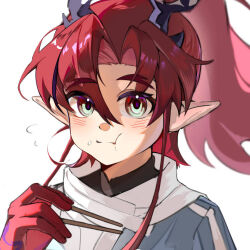  1boy arknights blush chinese_commentary chopsticks commentary_request dragon_boy dragon_horns eating flying_sweatdrops food food_on_face holding holding_chopsticks horns looking_at_viewer luosaihuer male_focus pointy_ears puffy_cheeks red_hair rice rice_on_face shirt upper_body white_background white_shirt yu_(arknights) 