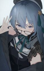  1girl absurdres black_dress blue_eyes blue_hair collared_dress dress glasses green_ribbon hair_between_eyes hair_ornament hair_ribbon hat highres holding hololive hoshimachi_suisei hoshimachi_suisei_(casual) kitski lace lace_sleeves long_hair looking_at_viewer multicolored_hair neck_ribbon official_alternate_costume official_alternate_hairstyle pocket ribbon simple_background star_(symbol) star_hair_ornament virtual_youtuber 