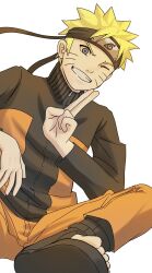  1boy ;d blonde_hair blue_eyes dh5q47kcxh facial_mark forehead_protector highres jacket konohagakure_symbol kuji-in long_sleeves looking_at_viewer male_focus naruto_(series) naruto_shippuuden one_eye_closed open-toe_shoes pants short_hair smile solo spiky_hair teeth uzumaki_naruto whisker_markings white_background 