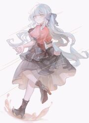  1girl back_bow bang_dream! bang_dream!_it&#039;s_mygo!!!!! black_bow black_shoes black_skirt blue_hair bow closed_mouth commentary full_body hair_ribbon highres long_hair neko_tenko oblivionis_(bang_dream!) puffy_short_sleeves puffy_sleeves red_shirt ribbon shirt shoes short_sleeves sidelocks skirt solo symbol-only_commentary togawa_sakiko yellow_eyes 