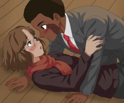  1boy 1girl afro assertive_female blush boy_on_top burn_scar emcarebear glasses grabbing_another&#039;s_arm highres imminent_kiss interracial nervous original scar scar_on_face short_bangs short_hair suit sweater 