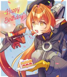 1girl beret black_coat breasts cake coat confetti curled_horns feeding food fork fruit gloves happy_birthday hat holding holding_fork horns large_breasts long_hair magus_(zenless_zone_zero) orange_hair orphie_magnusson pointy_ears strawberry strawberry_shortcake tmskdot twintails yellow_gloves zenless_zone_zero