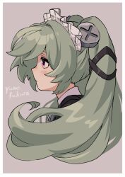  1girl artist_name black_dress blush closed_mouth commentary_request corin_wickes dress from_side green_hair hair_ornament highres long_hair looking_ahead maid maid_headdress pink_background portrait screw screw_hair_ornament solo twintails violet_eyes yumefukura zenless_zone_zero 