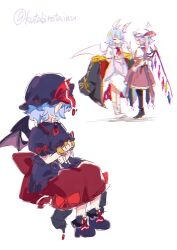  3girls absurdres adapted_costume alternate_color alternate_costume alternate_hair_color anger_vein ascot back_bow bandaged_arm bandages bat_wings black_boots black_hat black_shirt blue_hair boots bow brooch character_doll chromatic_aberration commentary_request crystal crystal_wings doll dual_persona flandre_scarlet flandre_scarlet_(vampire_pursuing_the_hunter) hat hat_ribbon highres hugging_doll hugging_object index_finger_raised jewelry kutabiretainu mob_cap multicolored_wings multiple_girls one_side_up pantyhose pointy_ears purple_hair red_ascot red_bow red_eyes red_skirt red_vest remilia_scarlet remilia_scarlet_(modern-day_makai&#039;s_charismatic_mistress) remilia_scarlet_(tiny_devil_mistress) ribbon shirt siblings sisters skirt skirt_set sweatdrop torn_clothes torn_skirt touhou touhou_lostword twitter_username vest white_hat white_shirt white_skirt wings 