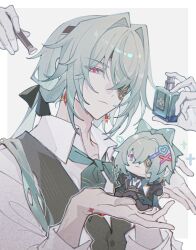  1boy anaxa_(honkai:_star_rail) anaxa_(ingenuity)_(honkai:_star_rail) apron aqua_hair black_bow blue_eyes bottle bow bowtie brown_apron character_doll chinese_commentary closed_mouth collared_shirt commentary_request doll earrings eyepatch green_bow green_bowtie hair_between_eyes hair_bow hair_intakes hair_over_one_eye hair_over_shoulder hands_up headband highres holding holding_stuffed_toy honkai:_star_rail honkai_(series) jacket jewelry long_hair long_sleeves looking_at_viewer makeup_brush male_focus no_headwear official_alternate_costume one_eye_covered perfume_bottle shirt solo stuffed_toy upper_body white_shirt yue_(shemika98425261) 