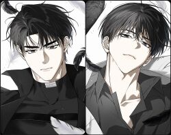  2boys :| black_coat black_eyes black_hair black_shirt black_wings closed_mouth coat collared_shirt falling_feathers feathered_wings feathers half-closed_eyes head_tilt hinizana kim_dokja light_frown looking_at_viewer male_focus multiple_boys omniscient_reader&#039;s_viewpoint open_clothes open_coat popped_collar portrait shirt short_hair two-tone_wings white_coat white_wings wings yoo_joonghyuk 