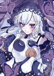  1girl bow bug butterfly closed_mouth commentary_request dress frilled_dress frills gothic_lolita hairband hat highres holding holding_stuffed_toy lolita_fashion lolita_hairband long_hair long_sleeves looking_at_viewer mahou_shoujo_no_majo_saiban natsume_an-an ne_coronda nightcap polka_dot polka_dot_bow purple_butterfly sleeves_past_fingers sleeves_past_wrists solo stuffed_toy violet_eyes white_hair 