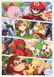  1girl 1other 5boys adjusting_clothes adjusting_headwear arm_cannon blonde_hair blue_eyes blush_stickers border brown_hair castle closed_eyes closed_mouth clouds cloudy_sky collared_shirt colored_skin commentary_request curtained_hair donkey_kong donkey_kong_(series) dot_nose egg facial_hair fireball fox_boy fox_mccloud frown furry furry_male gloves green_eyes green_shirt gun hanaon handgun hat heart helmet highres holding holding_egg holding_gun holding_pokemon holding_shield holding_sword holding_weapon hylian_shield inverted_triangle_mouth kirby kirby_(series) layered_clothes link long_pointy_ears long_sleeves looking_at_another looking_to_the_side mario master_sword metroid multiple_boys mustache necktie open_mouth overalls palm_tree pikachu pink_skin pointy_ears pokemon pokemon_(creature) red_hat red_necktie red_shirt samus_aran shield shirt short_hair sideways_glance sky spacecraft spacesuit spines star_fox super_mario_bros. super_smash_bros. sword the_legend_of_zelda the_legend_of_zelda:_ocarina_of_time tree twitter_username weapon white_border white_gloves white_shirt yoshi 