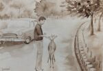  1boy animal car deer feeding greyscale highres miyuchan777 monochrome motor_vehicle original outdoors painting_(medium) park road traditional_media tree watercolor_(medium) 