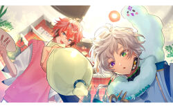  2boys :o absurdres akagi_wen akagi_wen_(1st_costume) animal_around_neck blue_eyes bottle brown_hair commentary_request cooking fur_collar green_eyes heterochromia highres holding holding_pastry_bag holding_plate indoors japanese_clothes kariginu letterboxed long_sleeves looking_down male_focus matochi_(fa) multiple_boys murakumo_kagetsu murakumo_kagetsu_(1st_costume) nijisanji pastry_bag pink_hair pink_vest plate shirt upper_body vest violet_eyes virtual_youtuber watakumo_(murakumo_kagetsu) white_hair white_shirt 