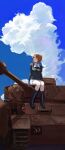  1girl blue_sky boots clouds combat_boots girls_und_panzer highres looking_up mamaa_(maeni6379) military_vehicle motor_vehicle nishizumi_miho ooarai_school_uniform panzer_iv school_uniform sky tank uniform 