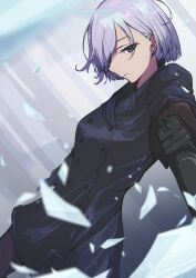  1girl absurdres black_coat black_eyes black_gloves breasts buttons closed_mouth coat commentary_request cowboy_shot double-breasted earrings fiona_frost gloves grey_hair highres holding ice jewelry karan_koron100 looking_at_viewer parted_bangs short_hair small_breasts solo spy_x_family stud_earrings 