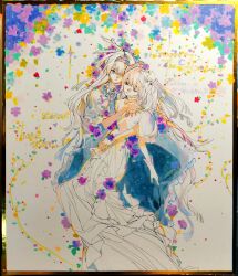  2girls absurdly_long_hair absurdres akemi_homura akemi_homura_(black_dress) arm_around_waist artist_name black_dress black_hairband blue_flower bow capelet chest_jewel chinese_commentary choker closed_eyes clothing_cutout commentary_request diamond_cutout dress expressionless eyelashes floral_background flower frilled_dress frills full_body gem gloves goddess_madoka gown green_flower grey_capelet grey_hair hair_bow hair_intakes hairband hand_on_another&#039;s_neck highres hug kaname_madoka long_dress long_hair looking_at_viewer mahou_shoujo_madoka_magica mahou_shoujo_madoka_magica:_hangyaku_no_monogatari multiple_girls orange_flower pansy parted_lips pink_gemstone pink_hair plant pleated_sleeves purple_flower riko-m stomach_cutout traditional_media two_side_up unconscious very_long_hair vines violet_eyes wavy_hair white_background white_bow white_choker white_dress white_gloves yellow_flower yuri 