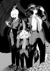  3girls absurdres alternate_costume black_jacket black_pants black_wings commentary_request earrings eastern_dragon_horns eastern_dragon_tail expressionless fedora grin gun handgun hands_in_pockets hat height_difference highres holding holding_gun holding_weapon horns jacket jewelry kicchou_yachie kurokoma_saki long_hair looking_at_viewer looking_to_the_side mafia medium_hair monochrome motutigire multiple_earrings multiple_girls necktie open_clothes open_jacket pants petite ponytail sheep_horns shell shirt shoes short_hair smile touhou toutetsu_yuuma weapon white_shirt wings 