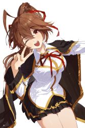  1girl ;d black_cape black_skirt blazblue brown_hair cape celica_a._mercury dafvkydbwep hair_between_eyes hair_ribbon hashtag-only_commentary highres long_hair long_sleeves looking_at_viewer miniskirt one_eye_closed open_mouth ponytail red_eyes red_ribbon ribbon school_uniform shirt skirt smile solo teeth upper_teeth_only v white_background white_shirt 