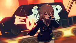  1girl black_cardigan black_skirt bow bowtie broken_heart broken_heart_hair_ornament brown_hair cardigan evil_neuro-sama fang goyu24 hair_ornament hair_ribbon heart highres holding holding_microphone index_finger_raised long_hair long_sleeves looking_at_viewer microphone miniskirt open_mouth red_bow red_bowtie red_eyes red_ribbon ribbon shirt skin_fang skirt skull_hair_ornament solo two_side_up vedal_ai virtual_youtuber white_shirt 