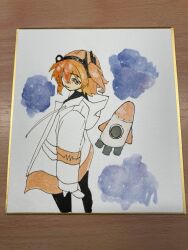  1girl a.i._voice absurdres adachi_rei highres hood hood_down hooded_jacket jacket long_sleeves looking_at_viewer looking_back one_side_up orange_eyes orange_hair rocket senri_(hrydy_o) shikishi solo standing traditional_media utau white_jacket 