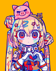  1girl animal_on_head blonde_hair double_bun gloves hair_bun hair_ornament hairclip heart heart_hands highres long_hair looking_at_viewer on_head pig reject_(esports) simple_background solo star-shaped_pupils star_(symbol) star_hair_ornament straight-on symbol-shaped_pupils terada_tera tooko_(vtuber) twintails upper_body virtual_youtuber white_gloves yellow_background 