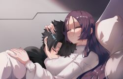  1boy 1girl bed couple cuddling fate/grand_order fate_(series) fujimaru_ritsuka_(male) headpat hug jewelry minamoto_no_raikou_(fate) on_bed pillow purple_hair ring sleeping slob_slime smile wedding_ring 