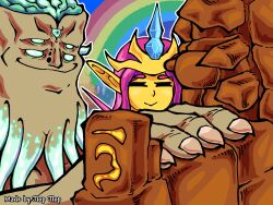  1boy 1girl 1other :&gt; akakichi_no_eleven akakichi_no_eleven_redraws brain colored_skin empress_of_light exposed_brain extra_eyes fingernails golem_(terraria) hand_on_another&#039;s_shoulder jlopjlop large_chin meme moon_lord_(terraria) portrait rainbow runes sharp_fingernails smile terraria very_long_ears yellow_skin 