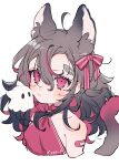  1girl absurdres animal_ear_fluff animal_ears bandaid bare_shoulders black_hair blush cat_tail closed_mouth hair_between_eyes hair_ribbon highres jikuno multicolored_hair original portrait red_ribbon redhead ribbon simple_background solo tail upper_body wavy_hair white_background 