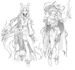  2girls book caimu6 cloak closed_mouth commentary_request english_commentary expressionless fire full_body greyscale hat highres holding holding_book hololive hololive_english long_hair looking_at_viewer monochrome multiple_girls ninomae_ina&#039;nis pyrokinesis sketch telekinesis tentacle_hair tentacles very_long_hair virtual_youtuber watson_amelia witch witch_hat 